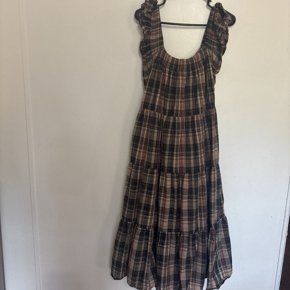 Madewell Brown Plaid 100% Cotton Smocked Tiered Ruffle Sleeve Midi Dress Size L